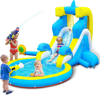 Inflatable Water Slide: 4 in 1 Bounce House Water Park Dolphin Style for Kids - Climbing Wall Splash Pool Water