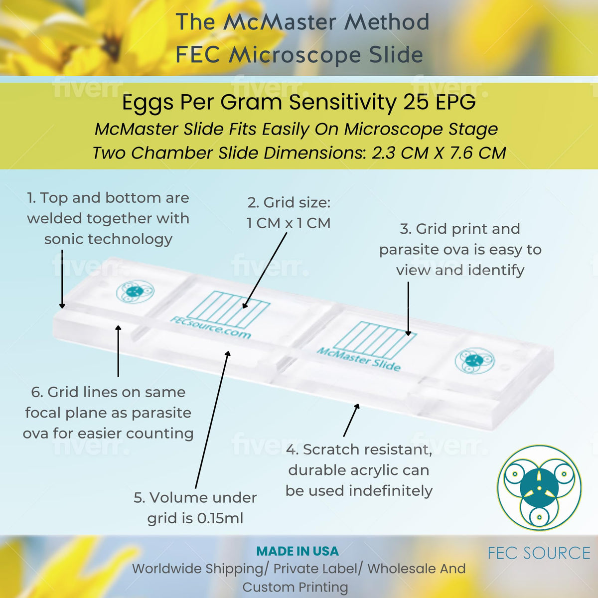4 McMaster Method Microscope Slides, by FEC Source, Fecal/Worm Egg Count for Parasites for Veterinary Use. Livestock