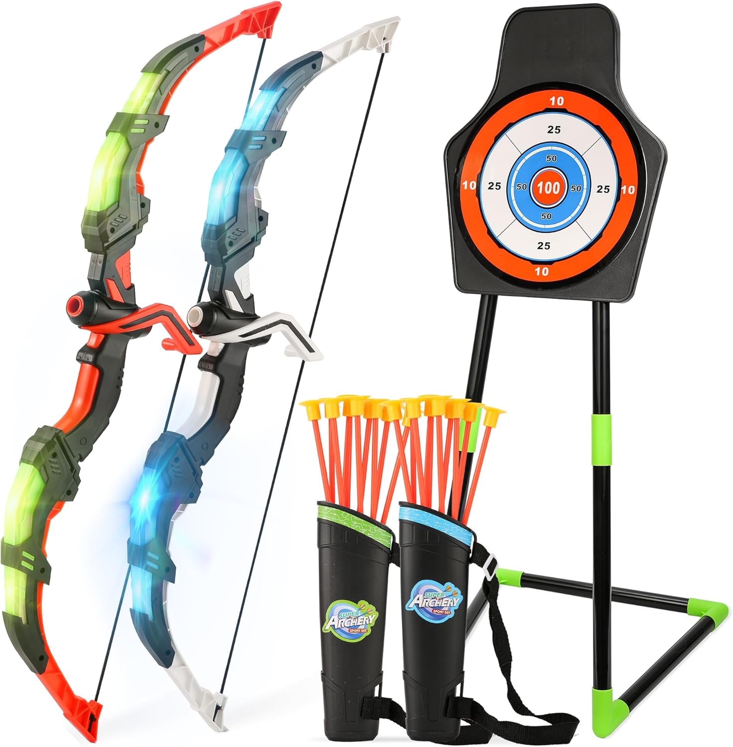 Bow and Arrow Set for Kids, 2-Pack LED Light Up Archery Set for Boys Girls | with 20 Suction Cup Arrows,Standing