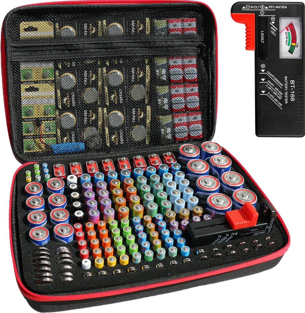 Battery Organizer with BT-168 Tester, EVA Storage Case | 210+ AA AAA C D 9V Capacity, Fireproof Waterproof
