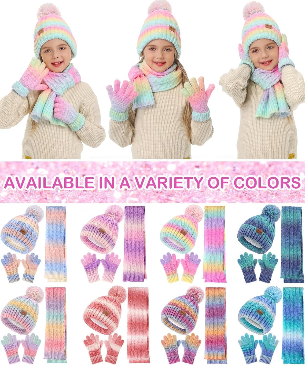 Kids Winter Hat Scarf Gloves Set, Girls Boys Toddler 8% Wool Warm Fleece Beanie Knit Neck Scarf Mittens Christmas Gift