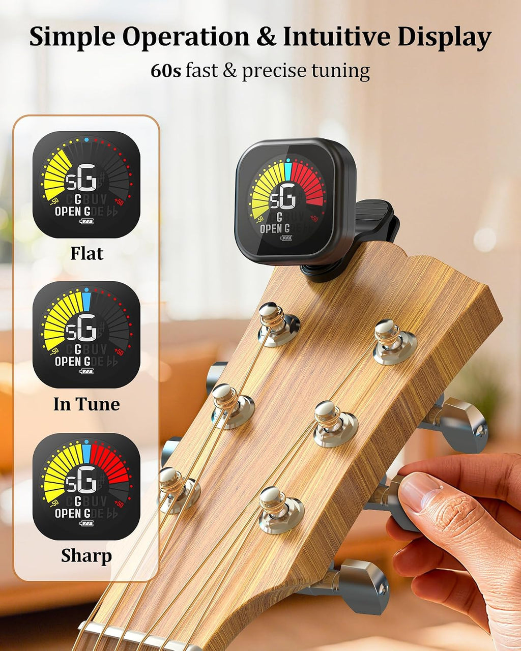 Guitar Tuner Clip-On Rechargeable with Color Screen 360° Rotatable Acoustic Chromatic Open Tuning for Guitar, Bass