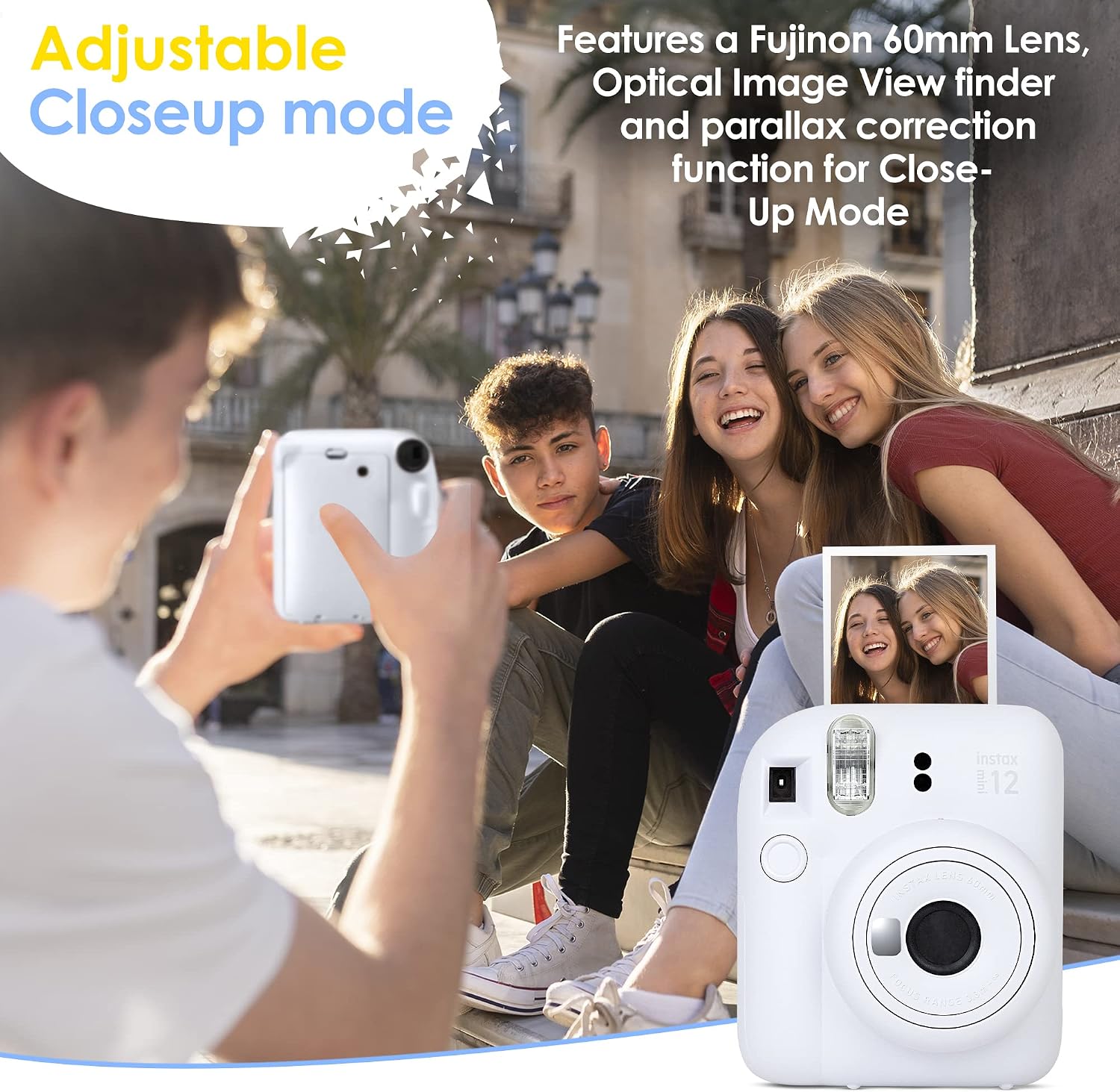 Instax Mini 12 Instant Camera Clay White & 60 Fuji Film Sheets | Bundle with Sturdy Tiger Accessories, Carrying Case