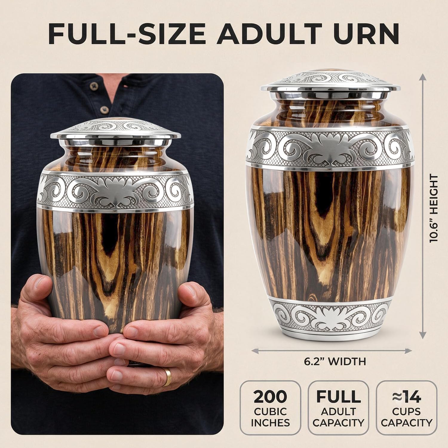 Urns for Human Ashes Adult Man – Cremation Urn for Ashes Adult Male, Large 200 Cu in Funeral Urn – Premium Memorial