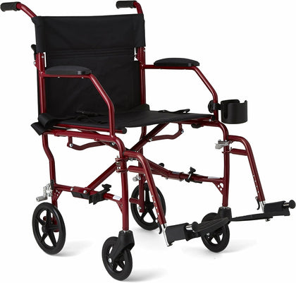 Ultra Lightweight Transport Wheelchair for Adults, Foldable, 19-Inch Seat Width, Red Frame, Black Upholstery