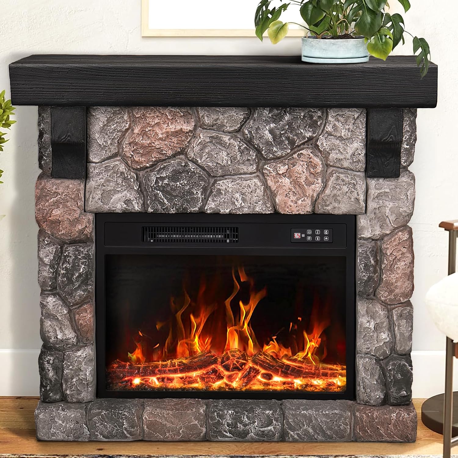 36inch Electric Fireplace with Mantel, Stone Fireplace Heater | Freestanding Electric Fireplace Stove with Remote