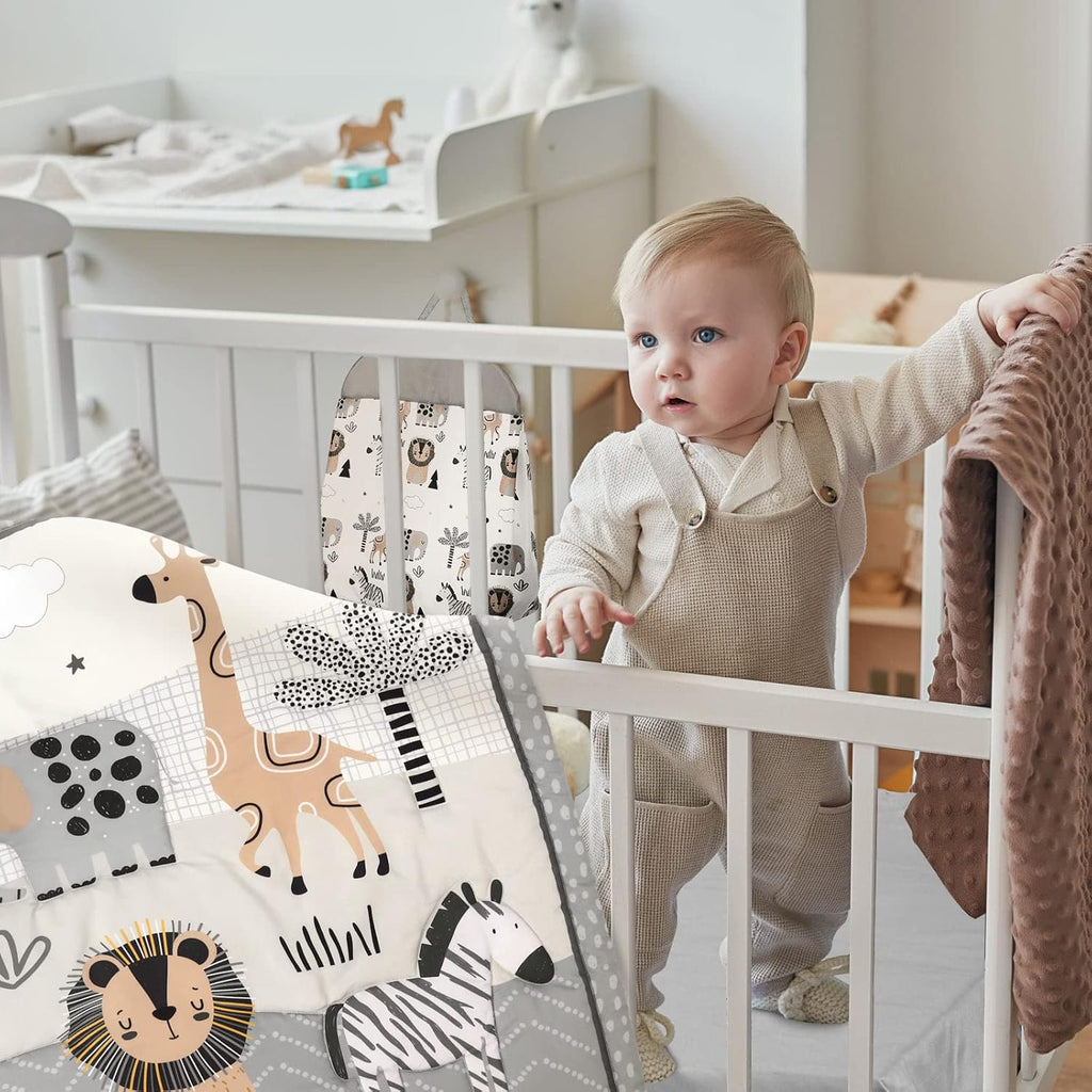 4 Piece Woodland Forest Animals Crib Bedding Set, Including Jungle Safari Crib Skirt, Blanket, Nursery Bed Sheet and