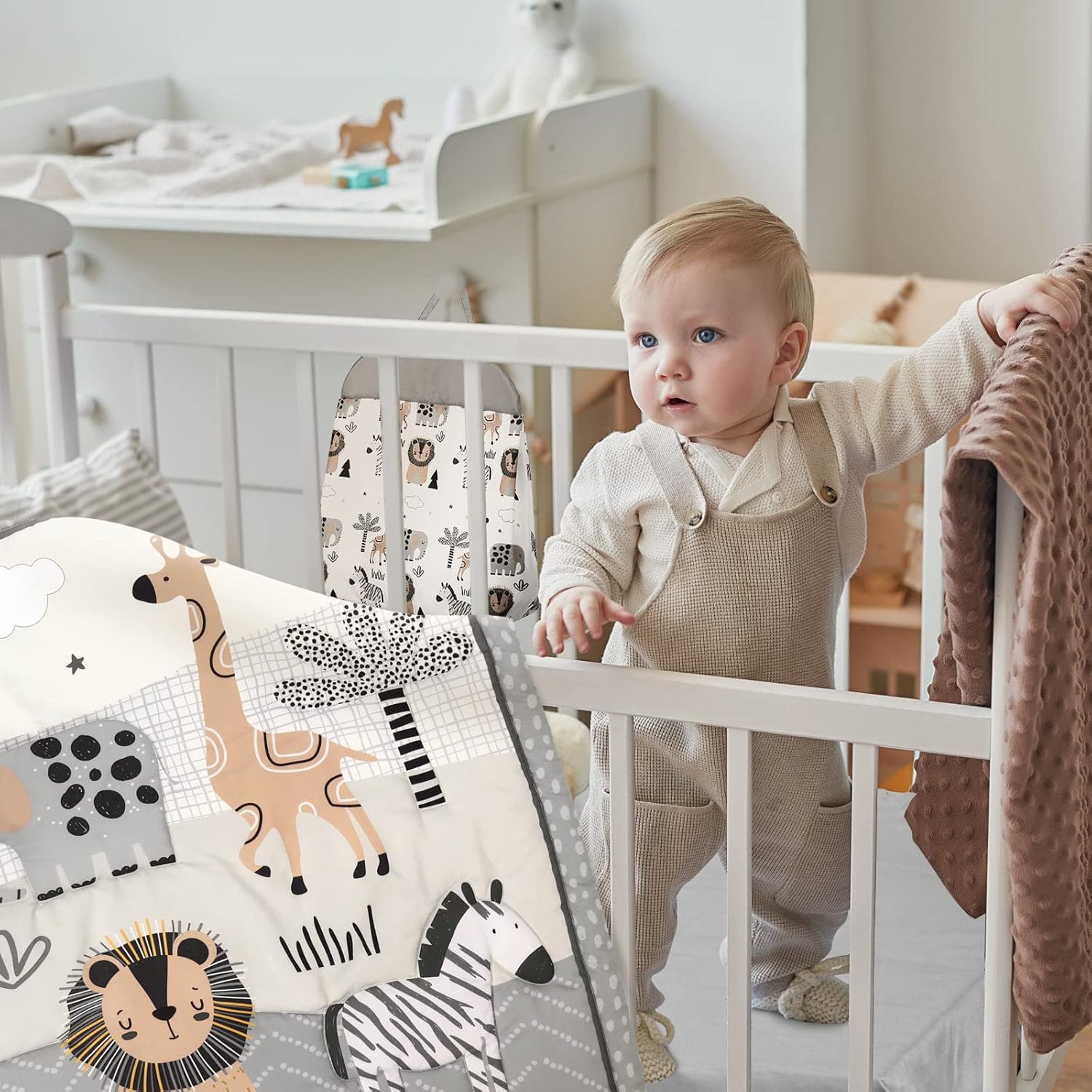 4 Piece Woodland Forest Animals Crib Bedding Set, Including Jungle Safari Crib Skirt, Blanket, Nursery Bed Sheet and