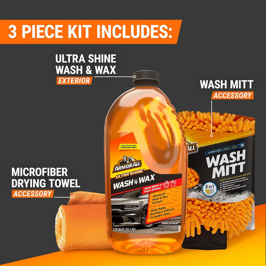 Car Wash Kit - Complete 3-Piece Car Cleaning Set with Car Wash Soap, Wax, Microfiber Mitt & Drying Towel, Gift for Dad