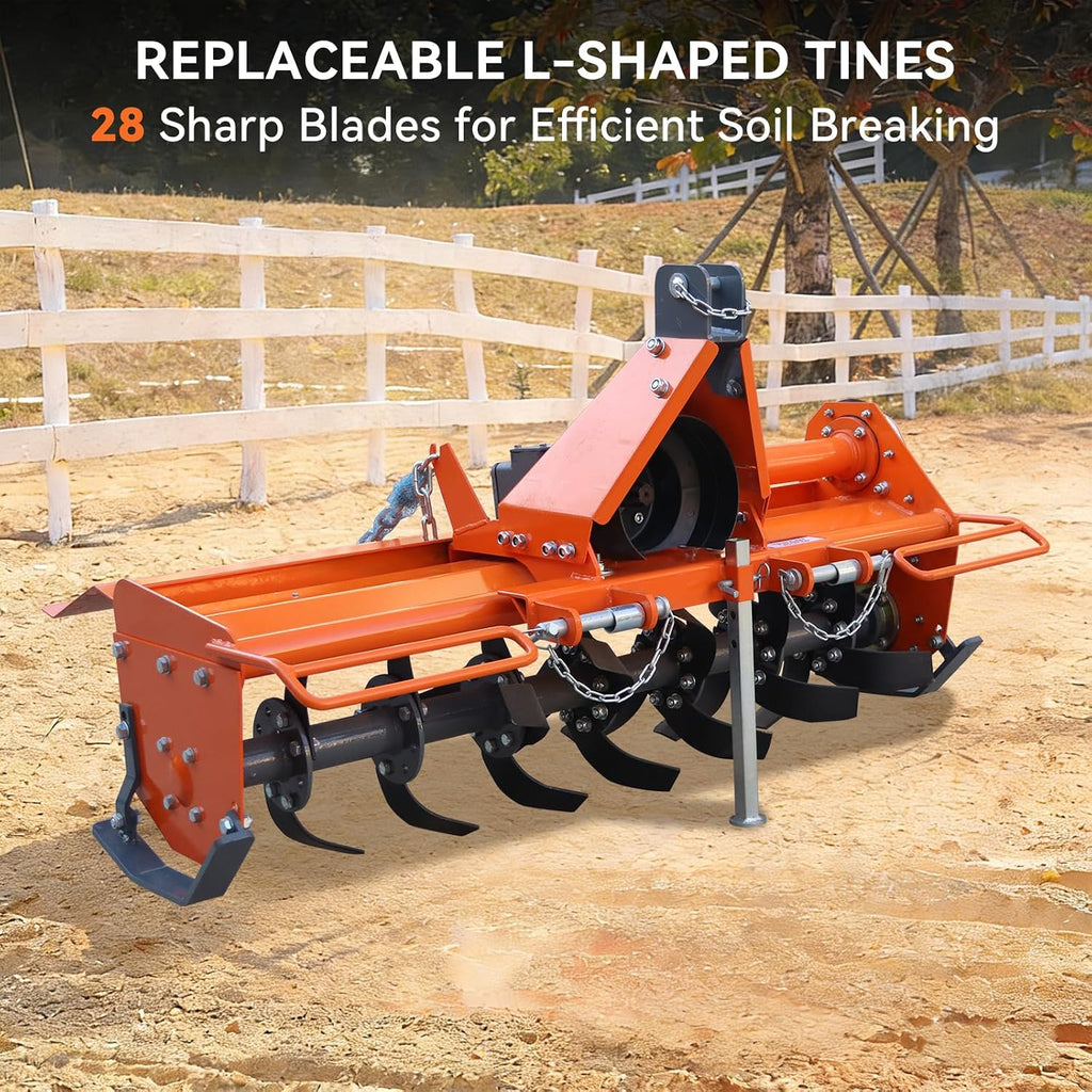 49" 3-Point Rotary Tiller Attachment for Category 1 Tractors | Compatible with 20-30HP tractors, 28 L-Shaped