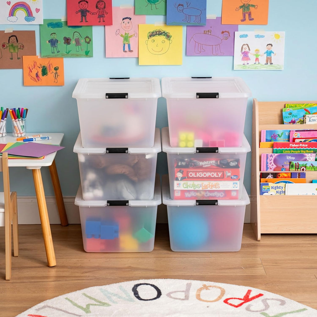 6-Pack High-Capacity Clip Box with Latching Lids, 32 Quart Craft Storage Bins, Art & Writing Supply Containers for