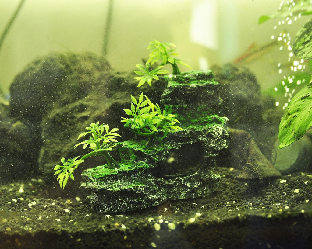 Aquarium Ornament, Mountain View Stone with Moss Tree Rock Cave Landscape Artificial Fish Tank Decoration
