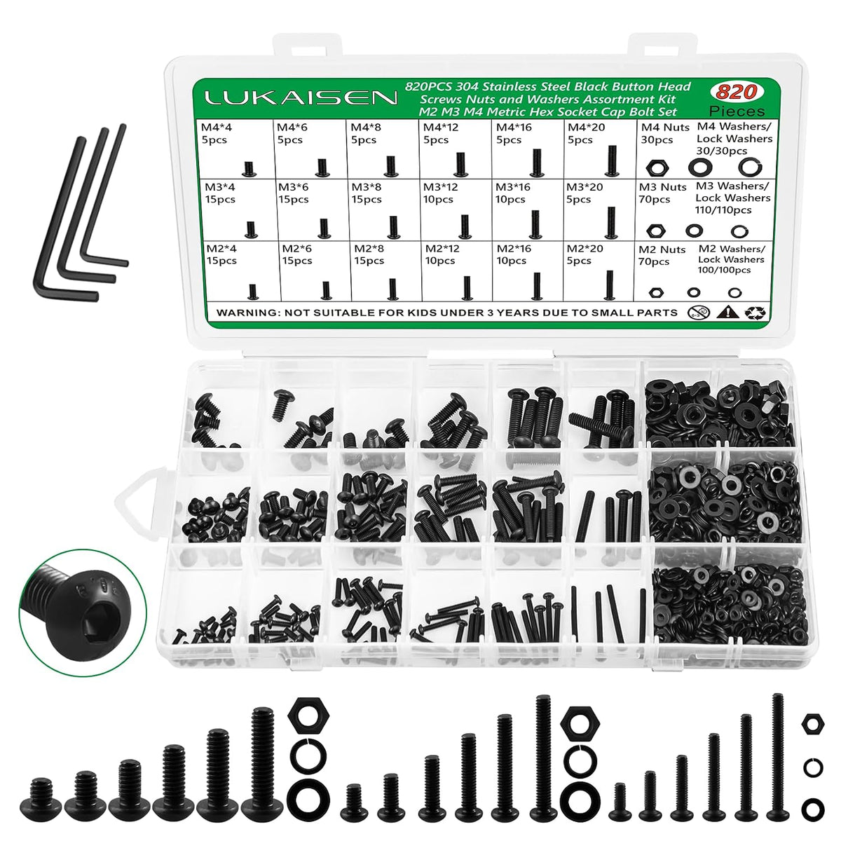 820Pcs Screw Assortment Kit, M2-M4 304 SS Black Hex Button Cap Bolts