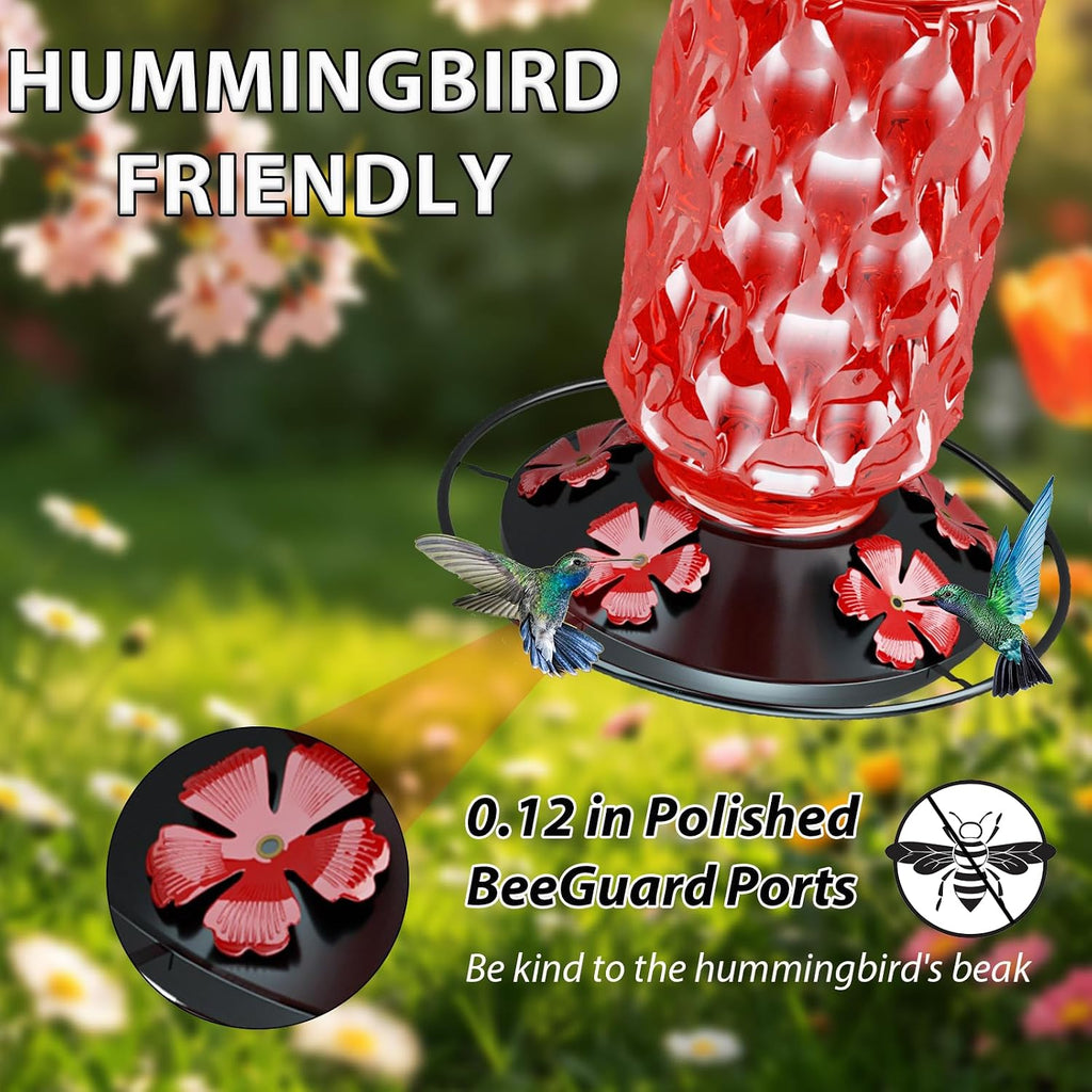 Glass Hummingbird Feeder, Outdoor Hanging, 25 OZ Large Nectar Capacity, Red