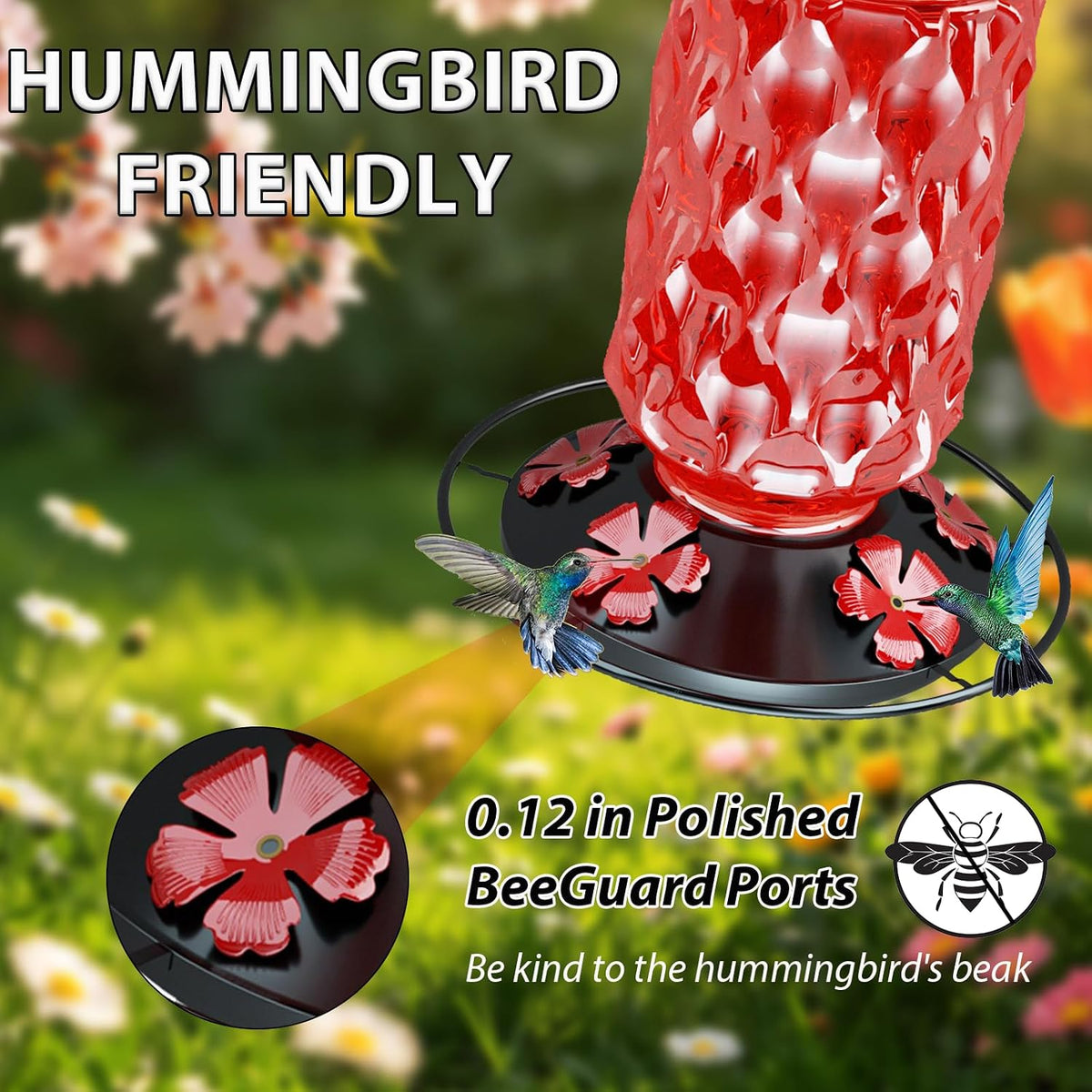 Glass Hummingbird Feeder, Outdoor Hanging, 25 OZ Large Nectar Capacity, Red