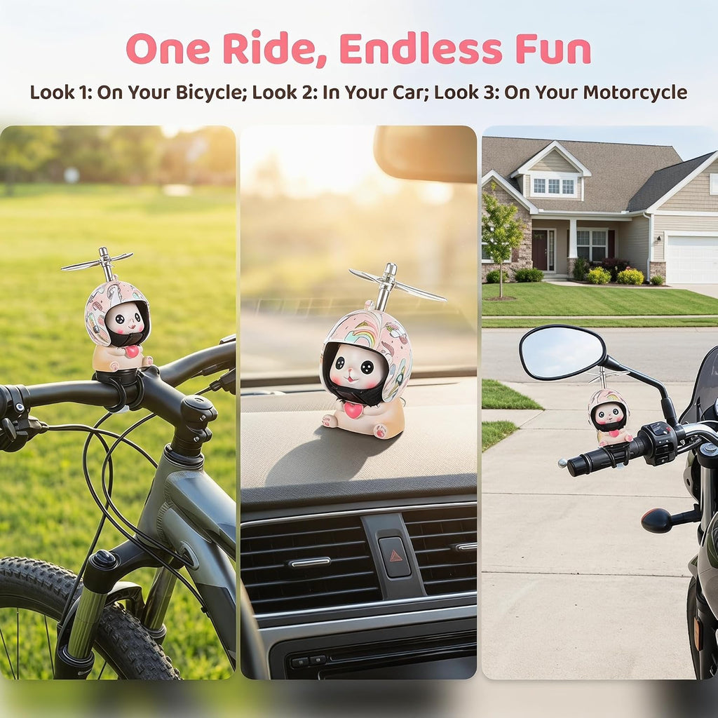 Cat Bike Bell Accessories, Resin Handlebars with Propeller Helmet, Mount Cat Figurine for Girls Boy, Bicycle