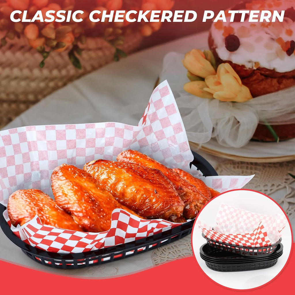 6 Black Food Baskets with 60 Red Checkered Liners, Reusable Baskets