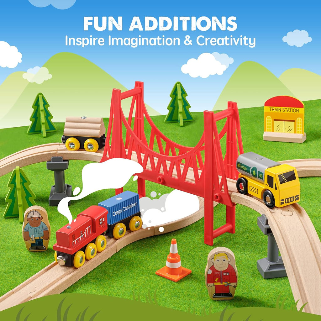 55PCS Wooden Train Set, Durable Wooden Railway Tracks | Compatible with Major Brand Tracks, Educational Toy for
