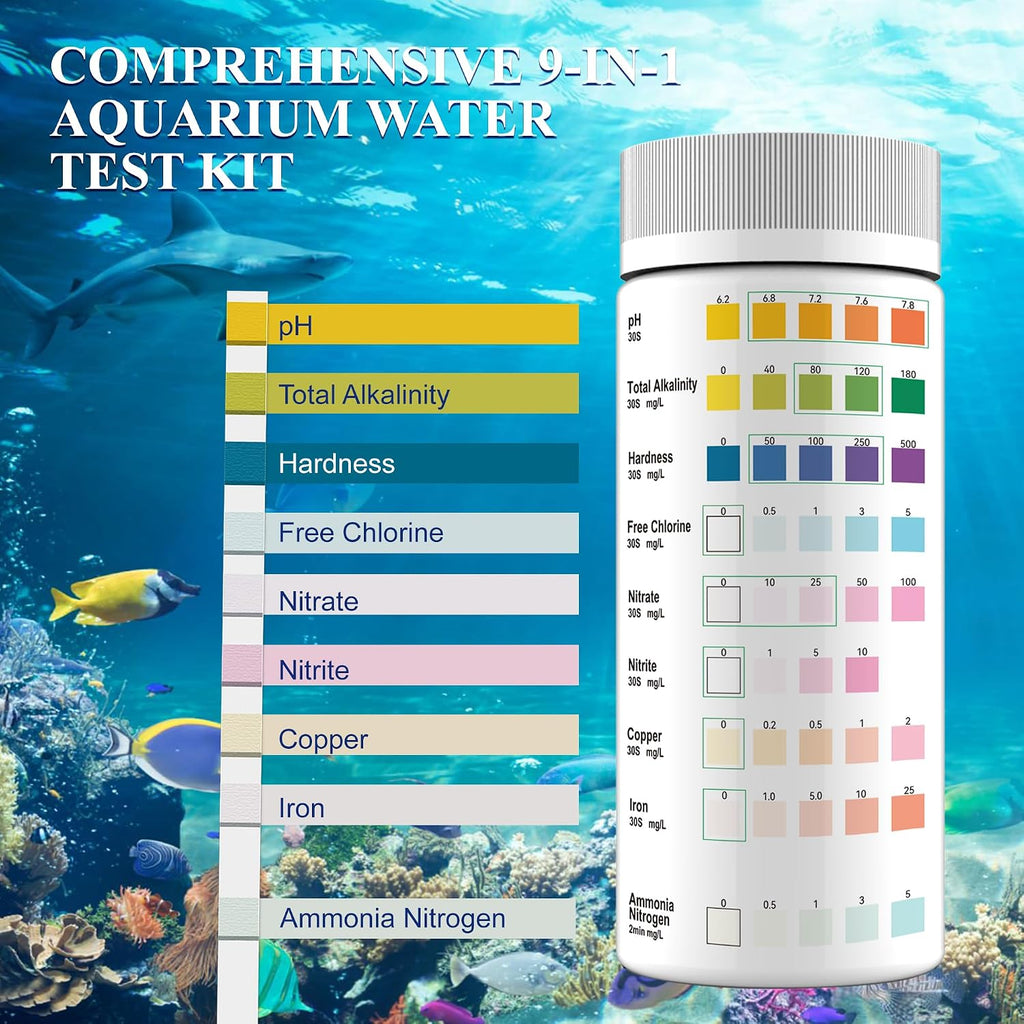 Aquarium Water Test Kit 9-in-1, Aquarium Ammonia Test Strips for Fish Tanks | Fish Ponds, 150CT Fresh and Salt Water