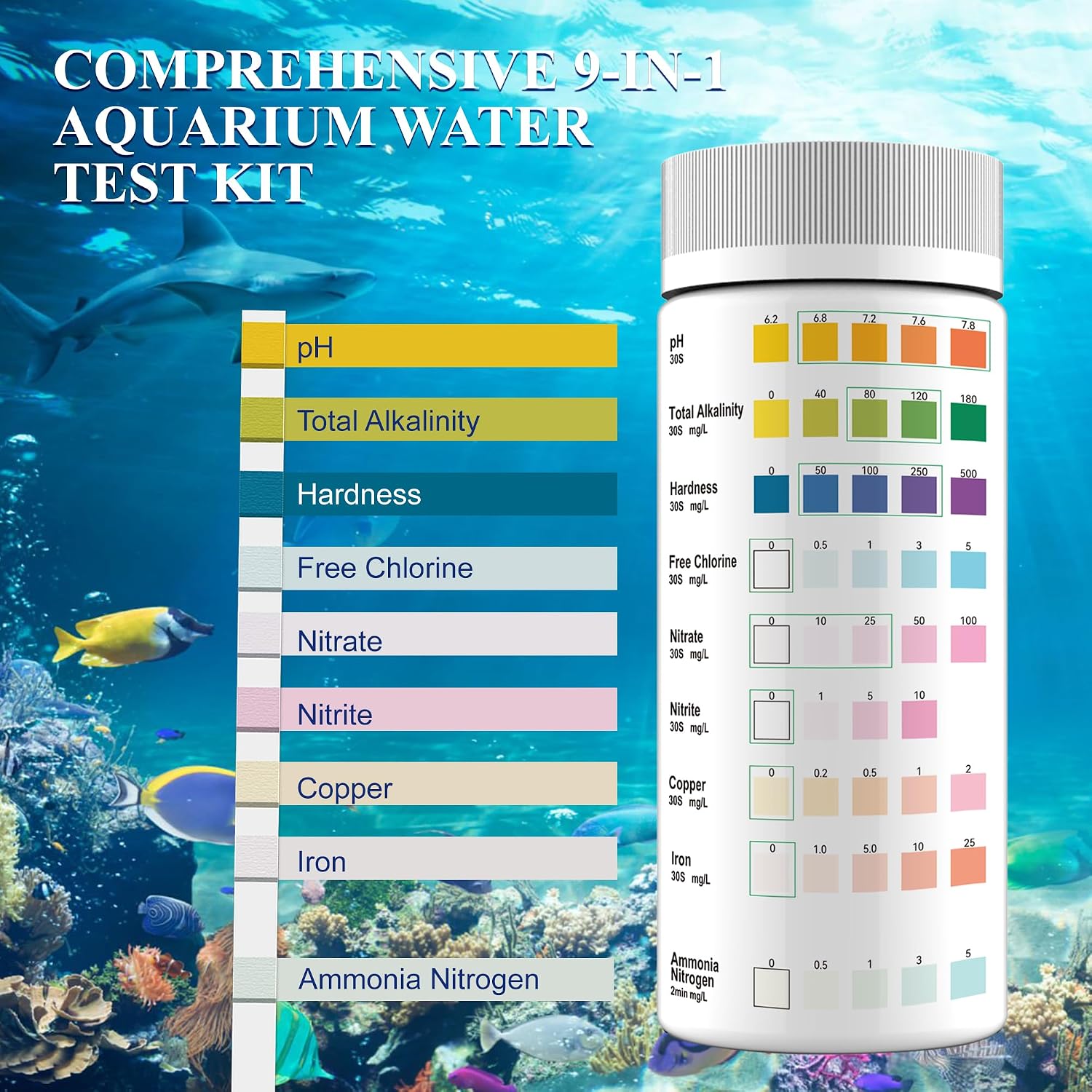 Aquarium Water Test Kit 9-in-1, Aquarium Ammonia Test Strips for Fish Tanks | Fish Ponds, 150CT Fresh and Salt Water