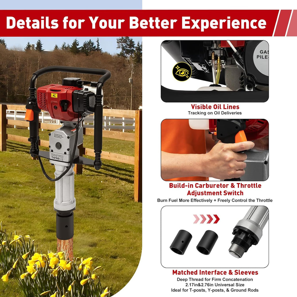 Fence Post Driver, Post Pounder 52CC Gas Powered T Post Driver, 2-Stroke with 55-70mm Socket & Safety Lock, Low Noise