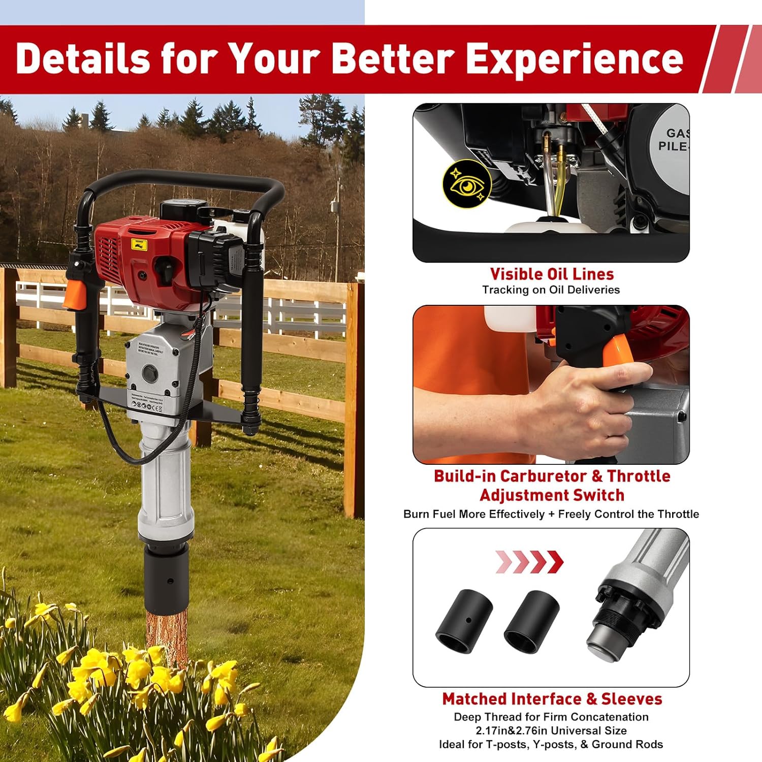 Fence Post Driver, Post Pounder 52CC Gas Powered T Post Driver, 2-Stroke with 55-70mm Socket & Safety Lock, Low Noise