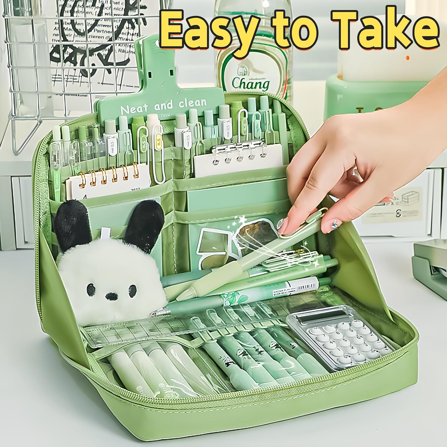 Kawaii Cute Pencil Pouch Aesthetic Standing Pencil Case (Green) | Large Capacity Stand Up Pencil Case, Cute Japanese