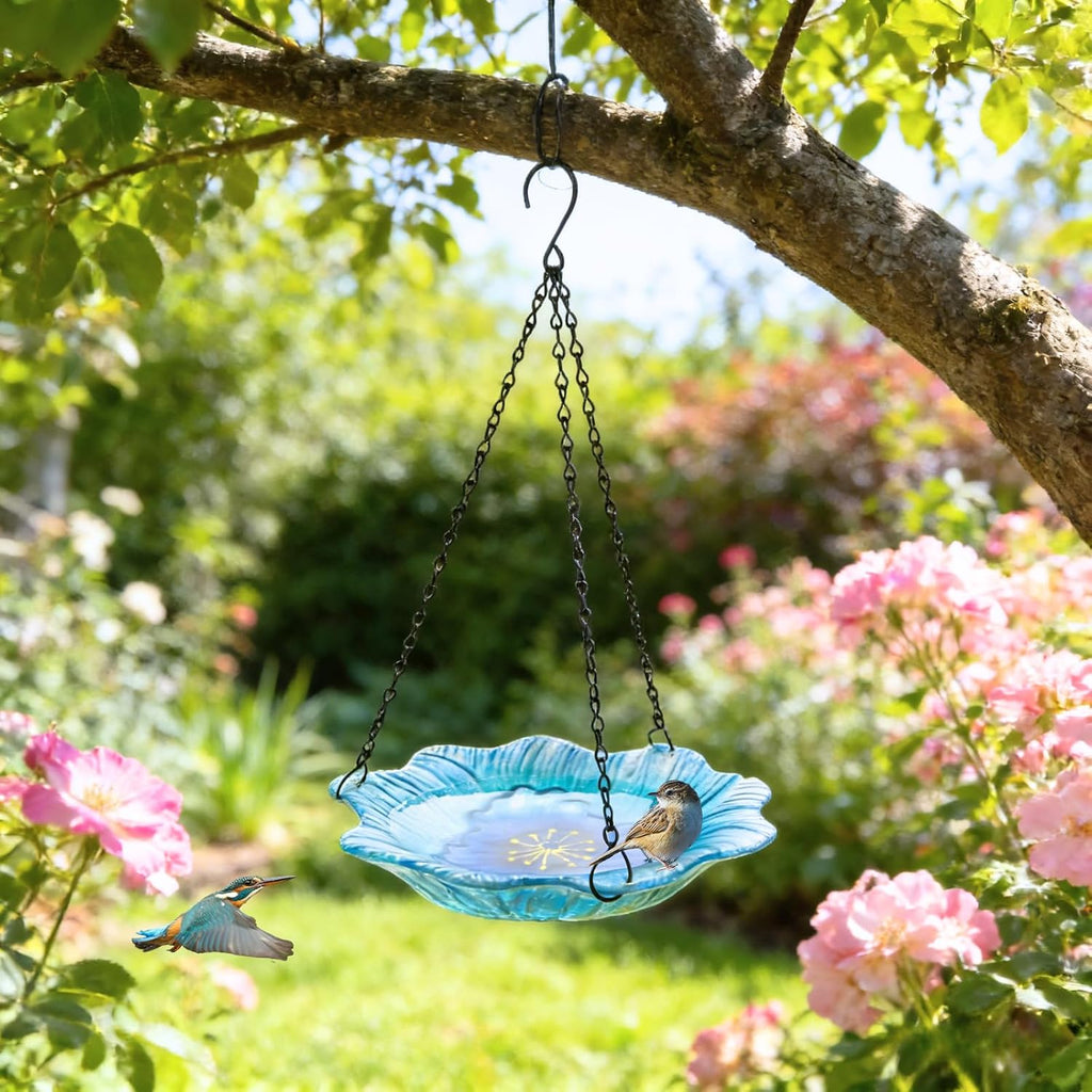 2 in 1 Floral Glass Bird Bath & Feeder - Hanging or Freestanding Outdoor Bird Bath with Sturdy 5-Pronged Base for