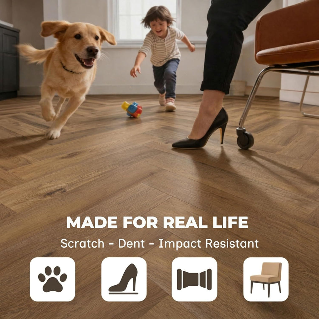 SPC Vinyl Planks Sample Pack, 2 Planks, Click-Lock Water-Resistant Herringbone Flooring, Harpo Oak