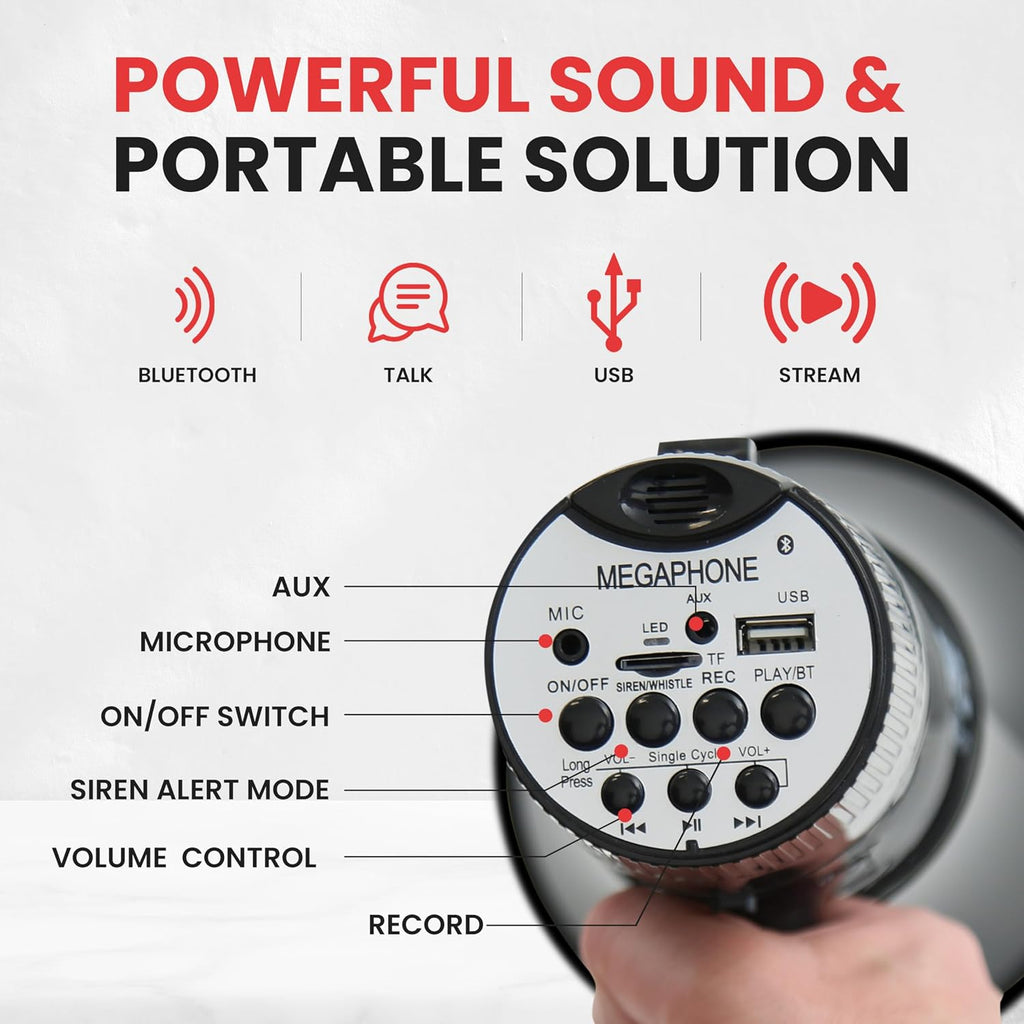 40W Megaphone Bullhorn with 1400-Yard Range, Built-in Siren & Adjustable Volume, Ergonomic Pistol Grip, Detachable
