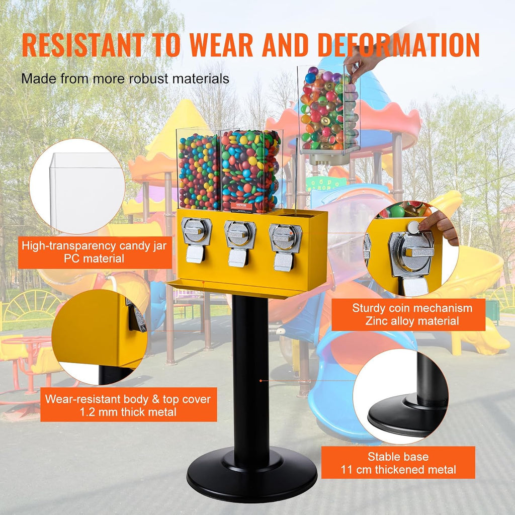 Commercial Vending Machine, Triple Compartment Candy Dispenser with Iron Stand, Gumball and Candy Machine for