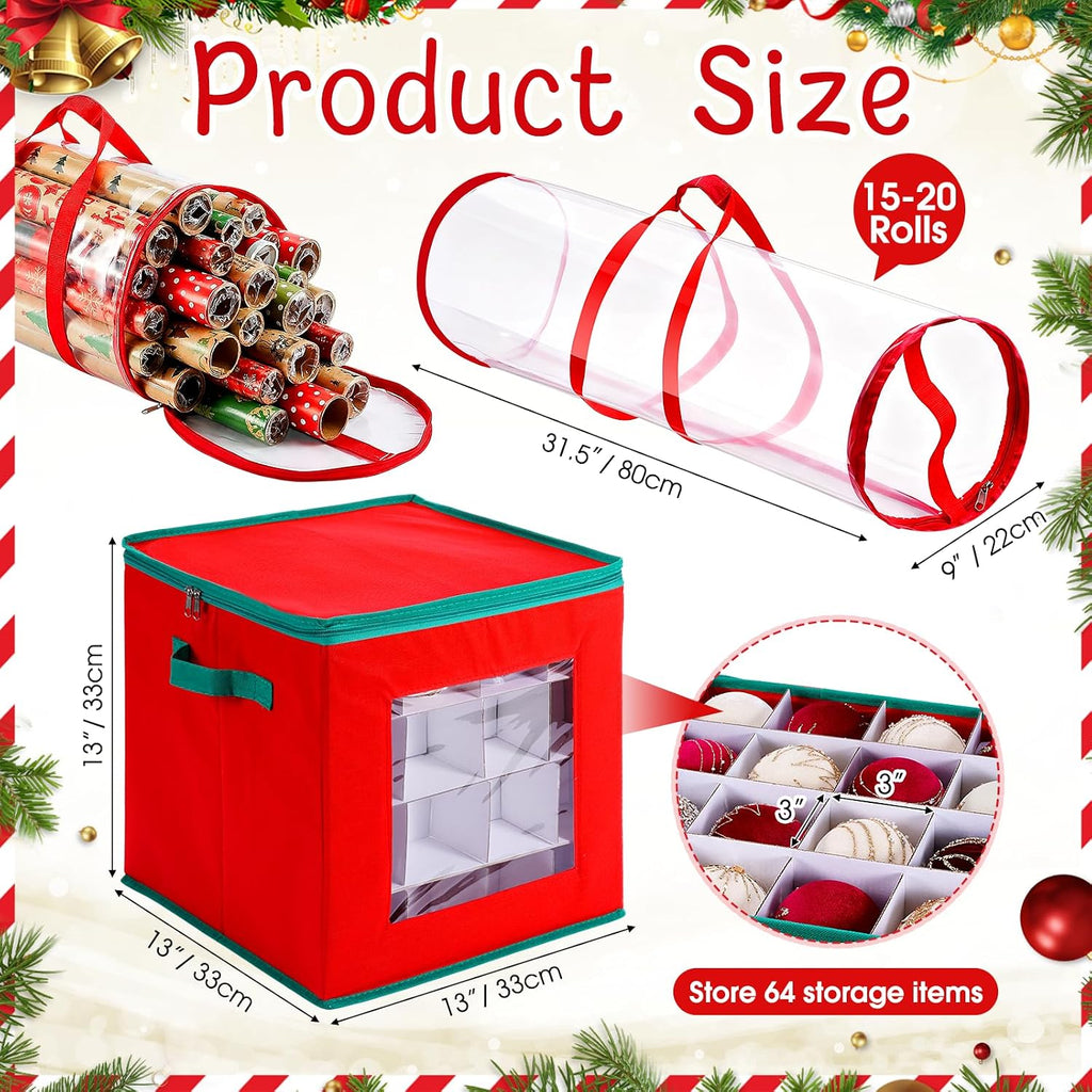 2 Pcs Christmas Ornament Storage Box with Dividers, Dual Zippers up to 3 Inch 64 Ornaments, 31 Inch Gift Wrapping