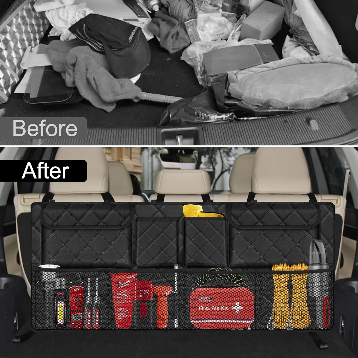 Car Trunk Organizer, Large Capacity Backseat Trunk Organizer (42"*18"), Collapsible Car Storage Bag with 8 Pockets
