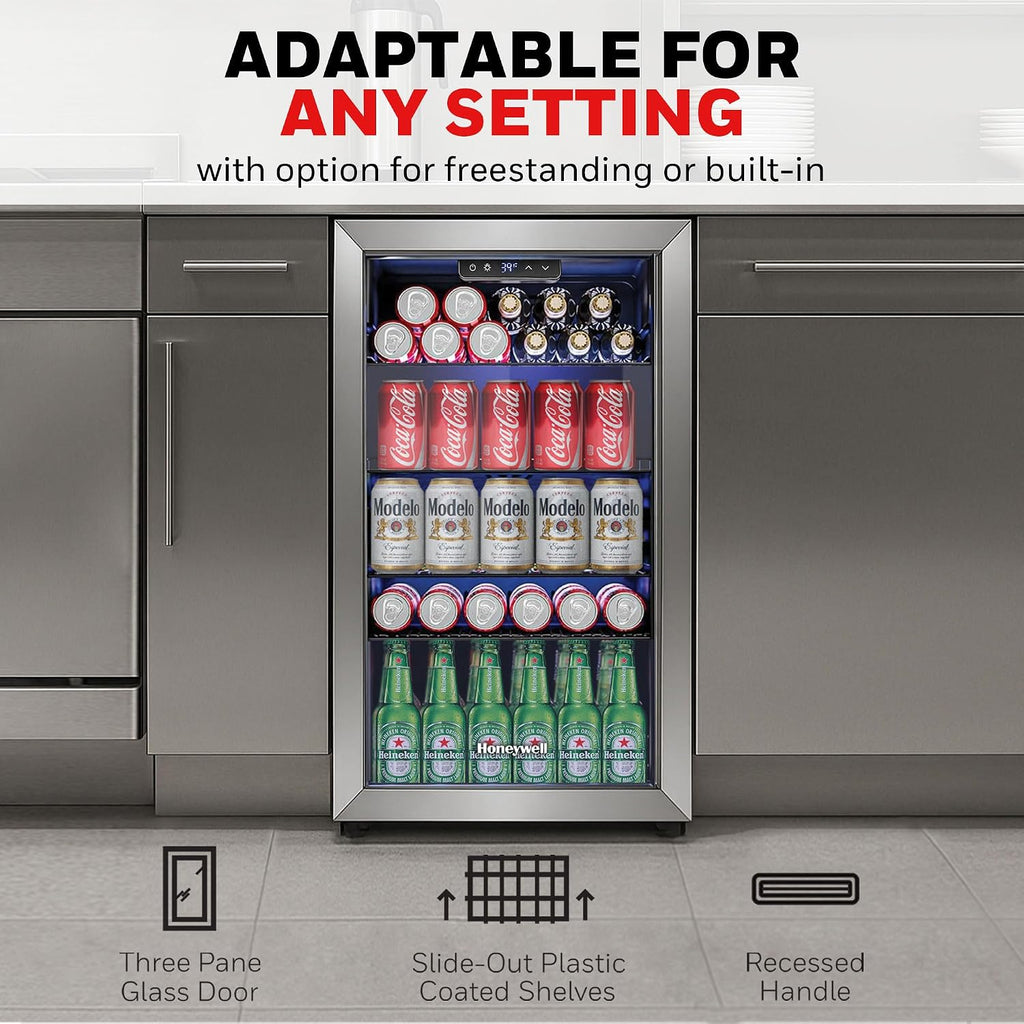 Beverage Refrigerator and Cooler, 116 Can Mini Fridge with Glass Door for Soda Beer or Wine for Office or Bar with