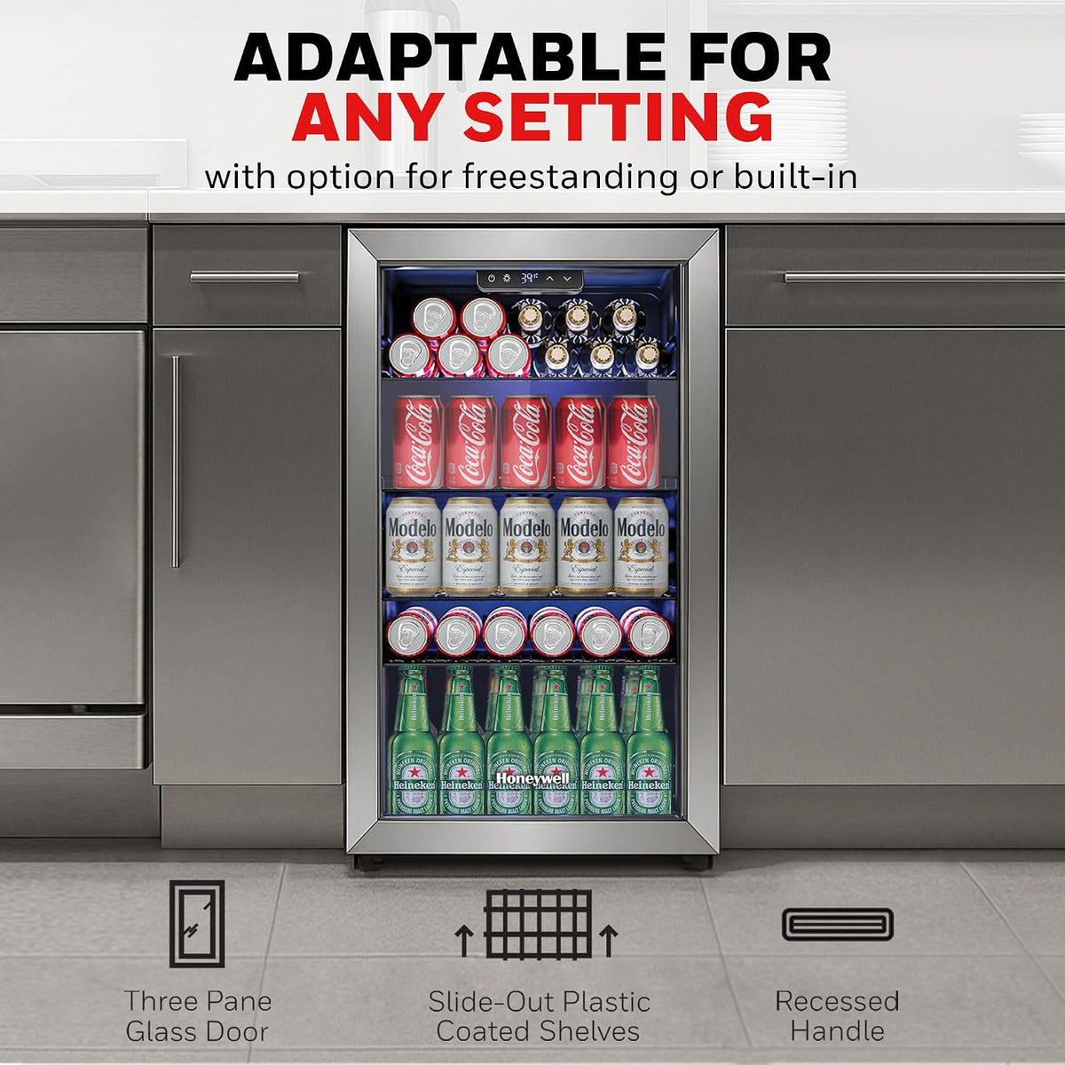 Beverage Refrigerator and Cooler, 116 Can Mini Fridge with Glass Door for Soda Beer or Wine for Office or Bar with