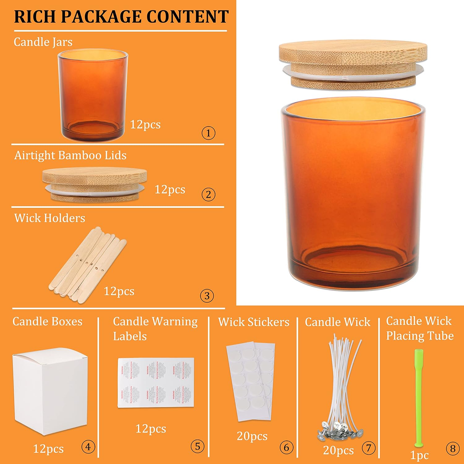 12 Pack 12 OZ Amber Glass Candle Jars with Lids and Candle Making Kits - Bulk Empty Candle Jars for Making Candles
