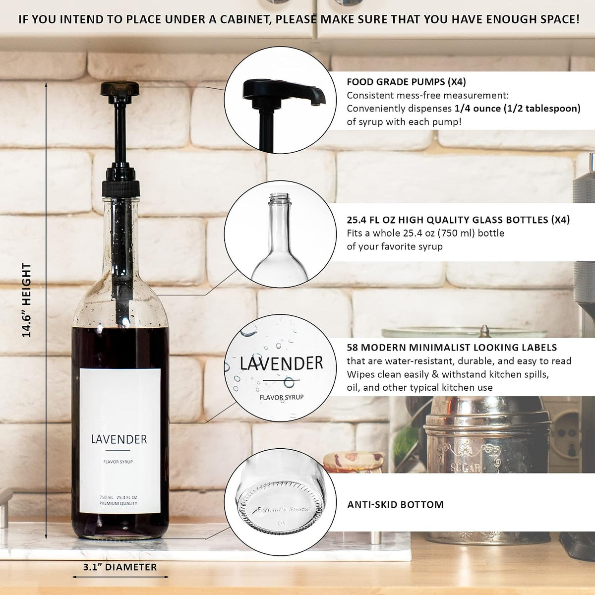 25.4 oz 750 ml Glass Coffee Syrup Dispenser for Coffee Bar - 4 Pack - Comprehensive Label Set & ¼ oz Pumps Included