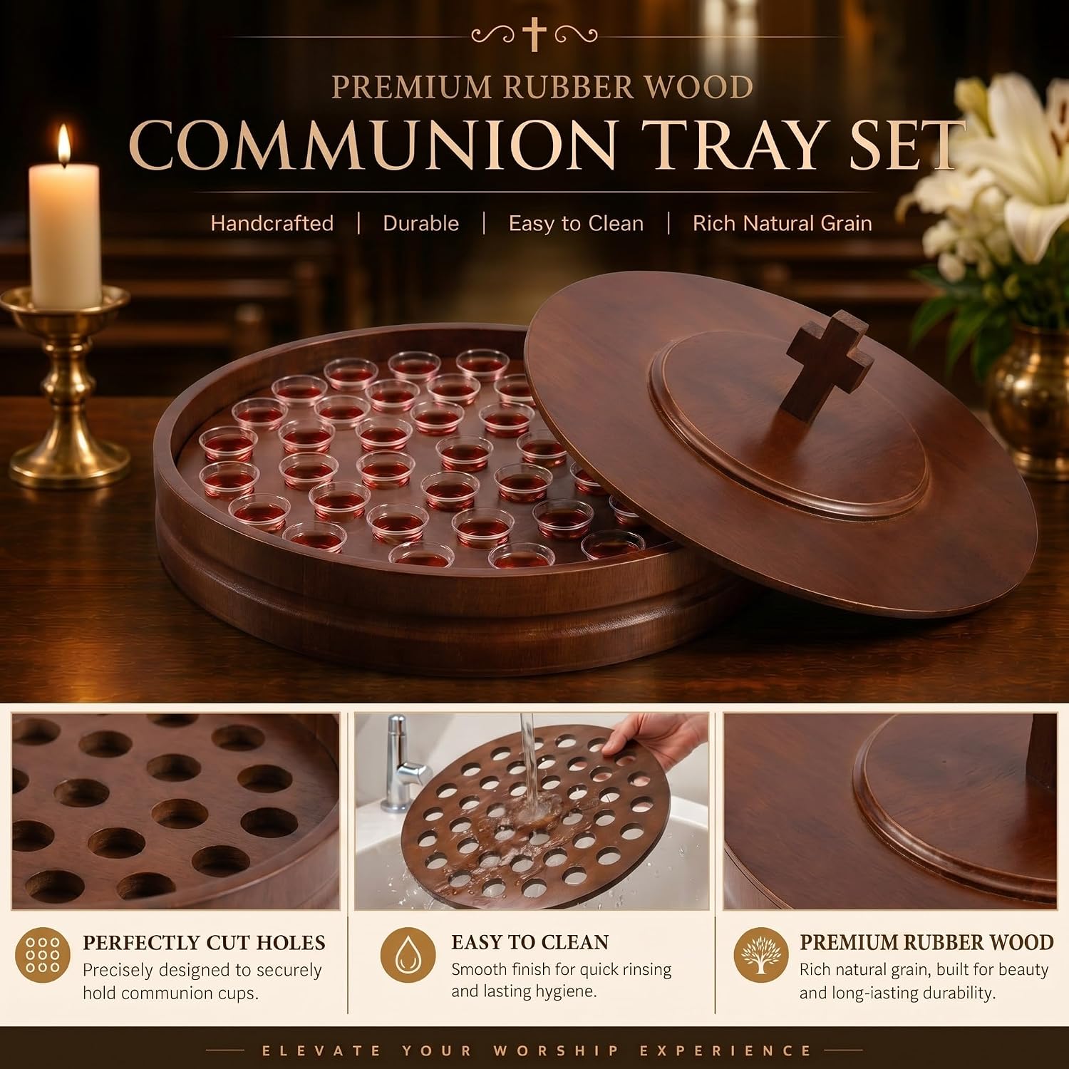 1 Set Wood Communion Tray Set for Church Holy Serving Tray with Lid Elegant 40 Cup Holders and 100 Disposable
