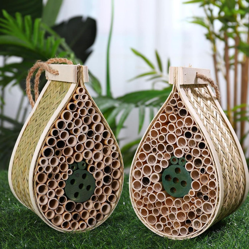 Mason Bee House, Pollinating Palace，Hanging Wooden bee House Habitat with Bamboo Tubes for The Garden and Yard Bee