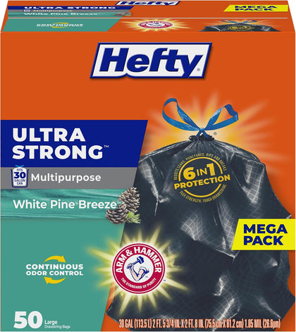 Ultra Strong 30 Gal Large Trash Bags, Black, White Pine Breeze, 50ct | 30G Large Black Trash Bags with Drawstrings