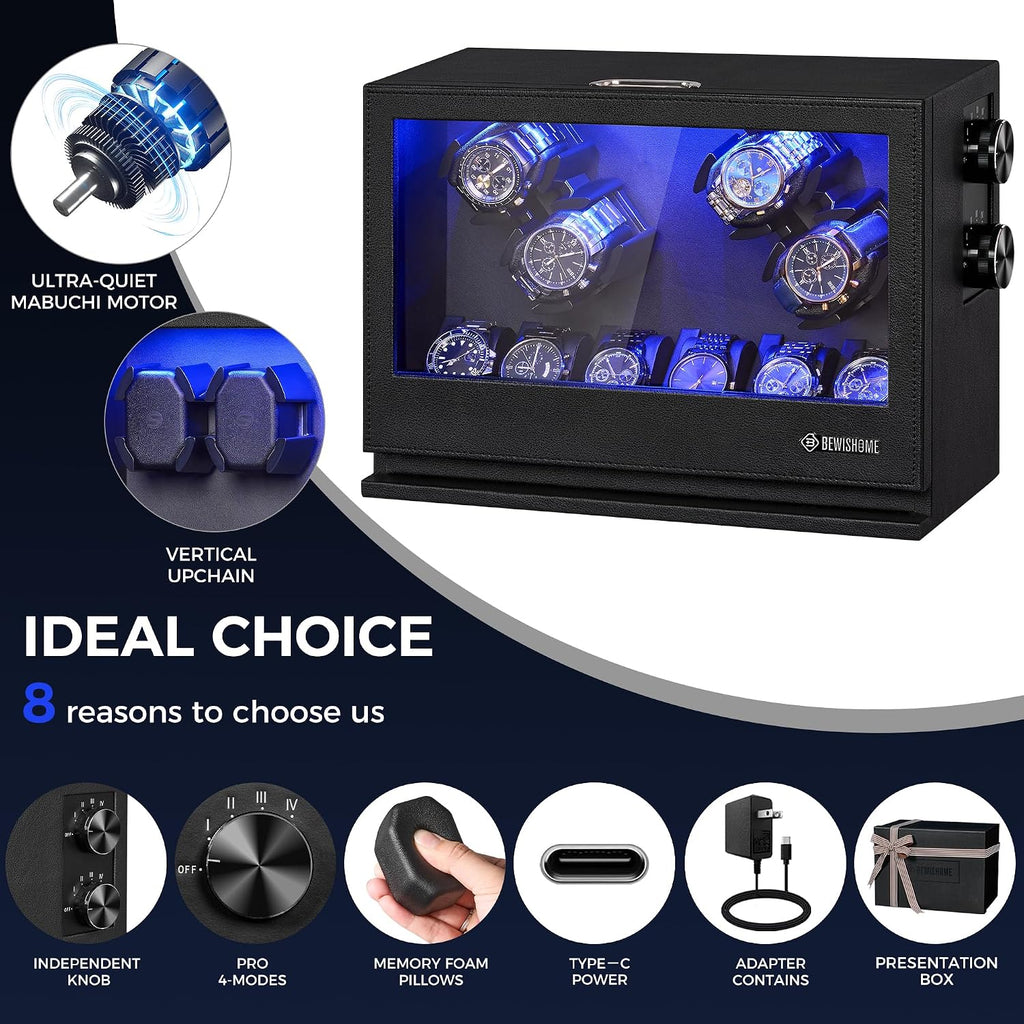 Watch Winders for Automatic Watches, 4 Watch Winder | 6 Watch Display Case with Led Light 4 Modes, Automatic Watch