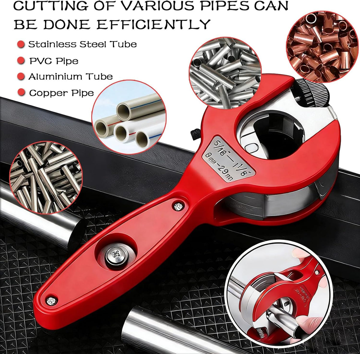Ratcheting Tubing Cutter, Copper Pipe Cutter, Tubing Cutter 5/16" To 1 1/8", 2 in 1-360° Close Quarters Tube Compact