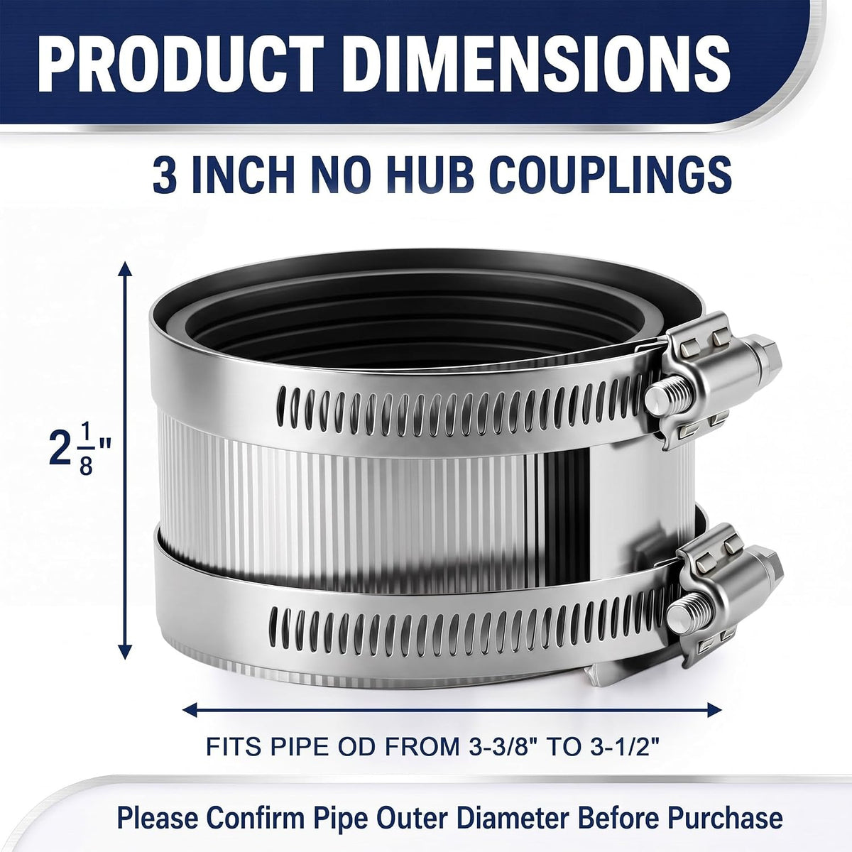 Hicarer 4 Pcs No Hub Couplings Shielded Flexible Pipe Coupling, 3 Inch