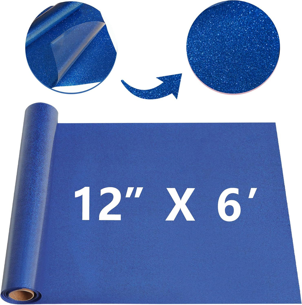 Glitter Heat Transfer Vinyl Royal Blue (12 in x 6 ft) HTV Rolls | Stretchy Iron on Vinyl for T-Shirt for Silhouette