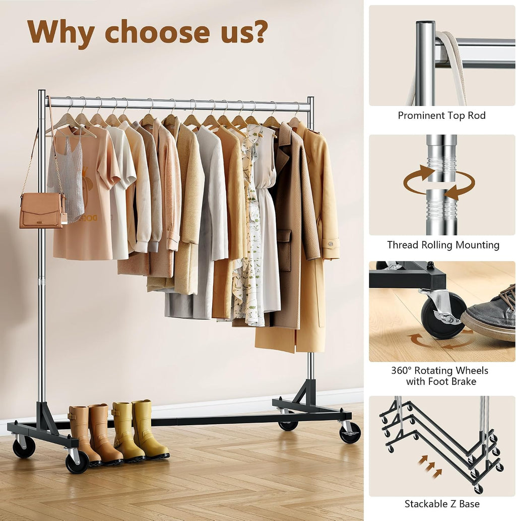 Z Rack, Rolling Clothes Racks with Z-Base, Heavy Duty Garment Rack, Clothing Racks for Hanging Clothes, Sturdy Metal
