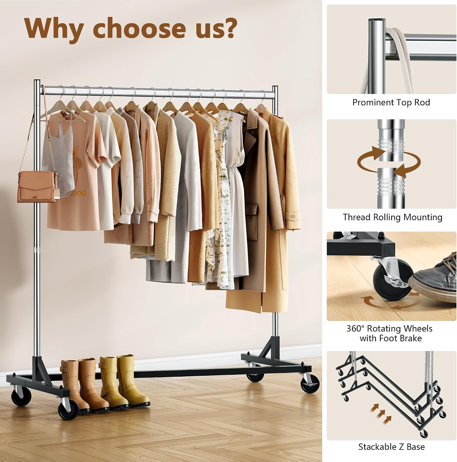 Z Rack, Rolling Clothes Racks with Z-Base, Heavy Duty Garment Rack, Clothing Racks for Hanging Clothes, Sturdy Metal