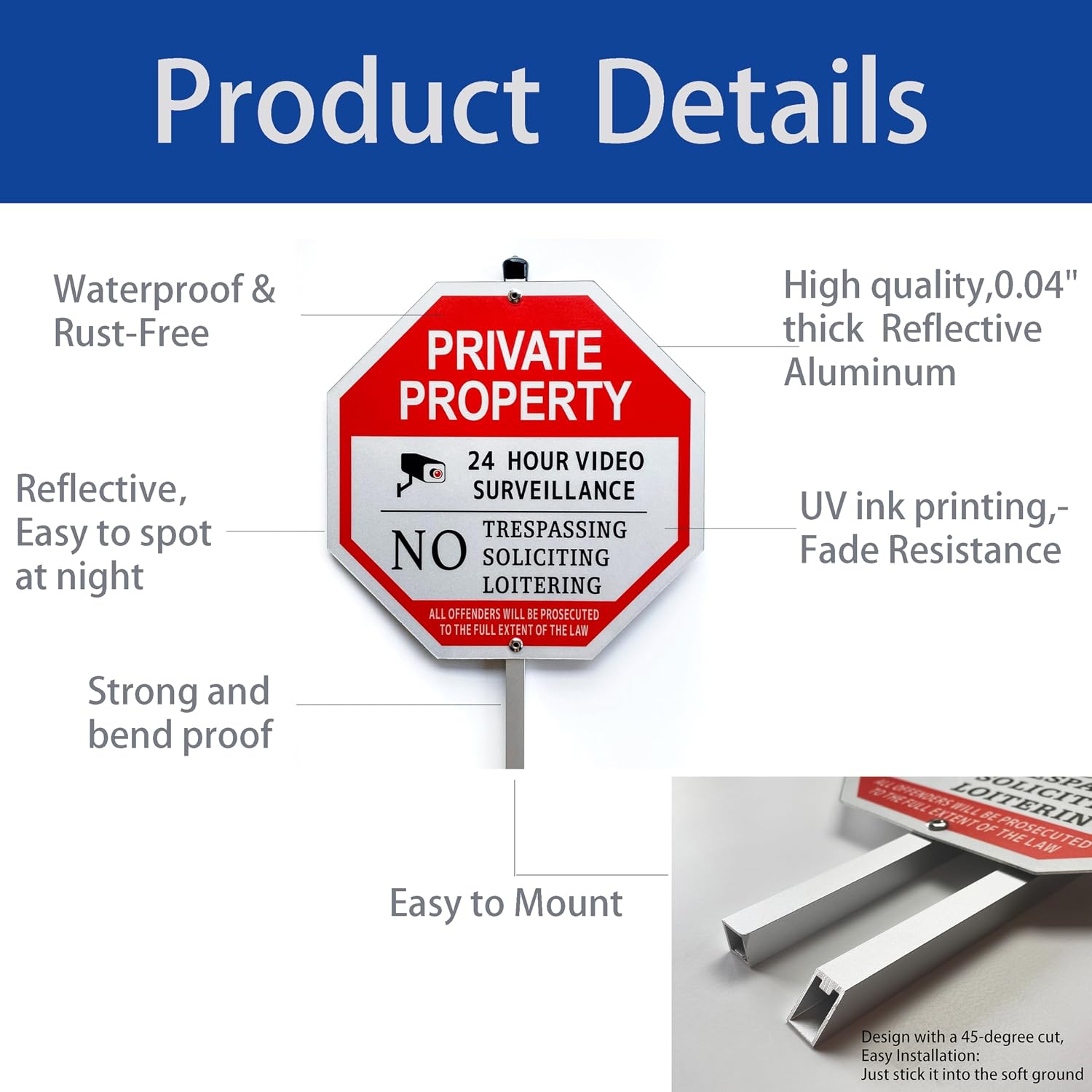 “Private Property - No Trespassing, No Soliciting,No Loitering” Octagon Yard Sign, No Soliciting Sign for House with