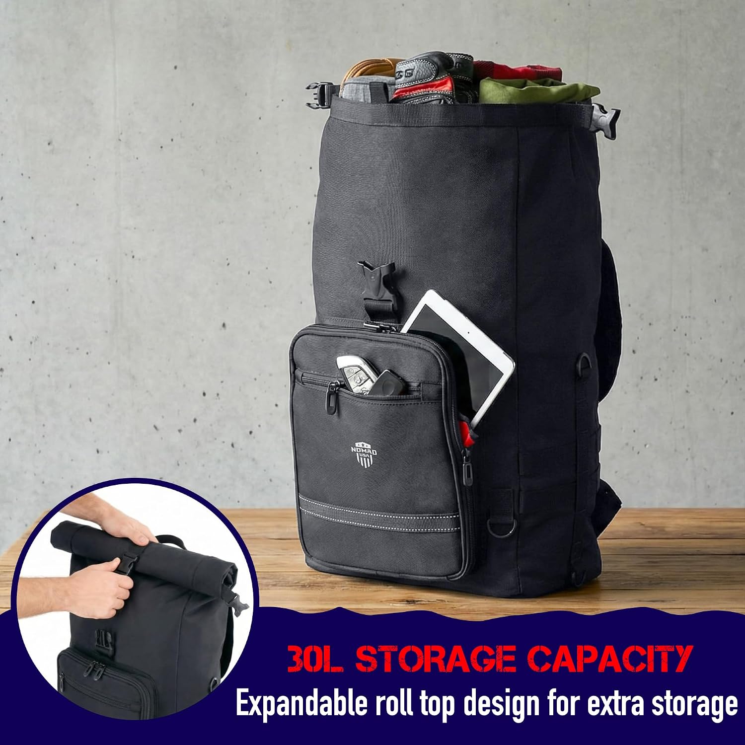 Nomad Motorcycle Sissy Bar Bag Expandable Roll Top Extra Storage Motorbike Tail Bag Converts to Handle & Shoulder
