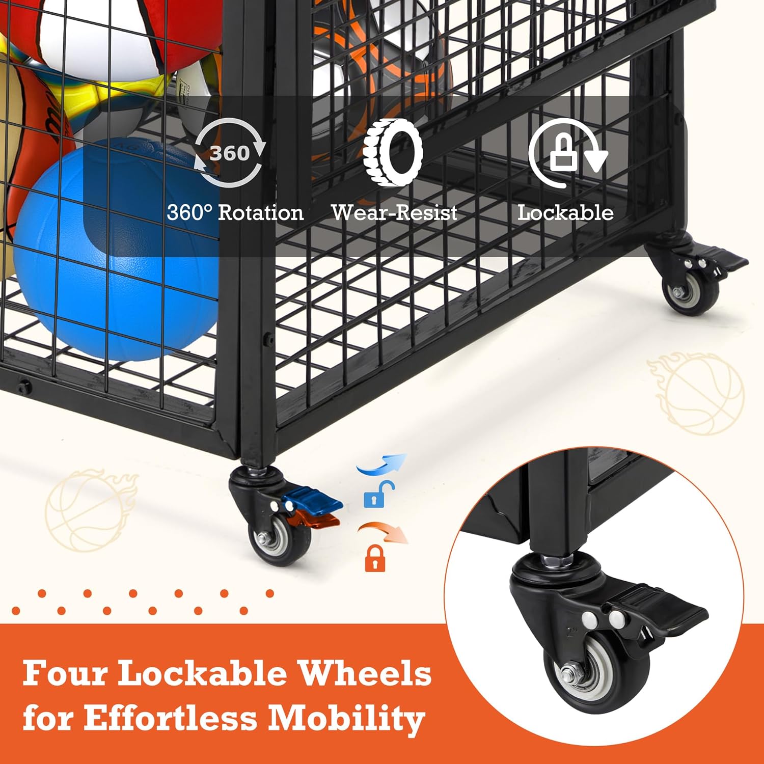 Ball Cart, Basketball Storage with Wheels | Large Storage Capacity, Reinforced Steel Frame, Upgraded Lockable Wheels
