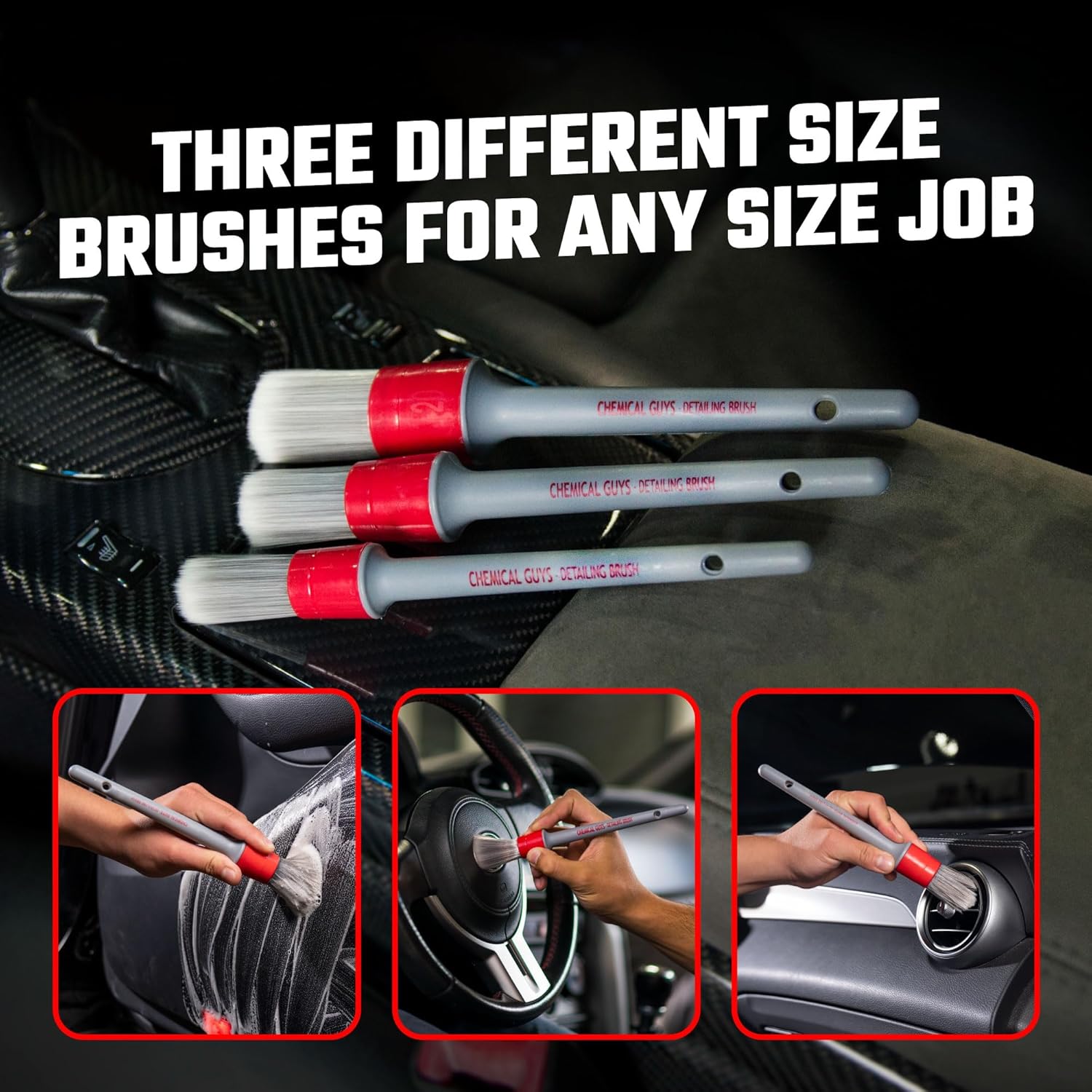 All in the Details Interior Detailing Brush Set - 3-Piece Soft & Durable Car Detailing Brushes for Vents, Consoles